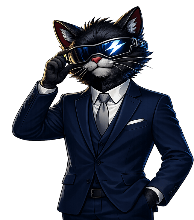 ZIPCAT mascot wearing a business suit and futuristic glasses