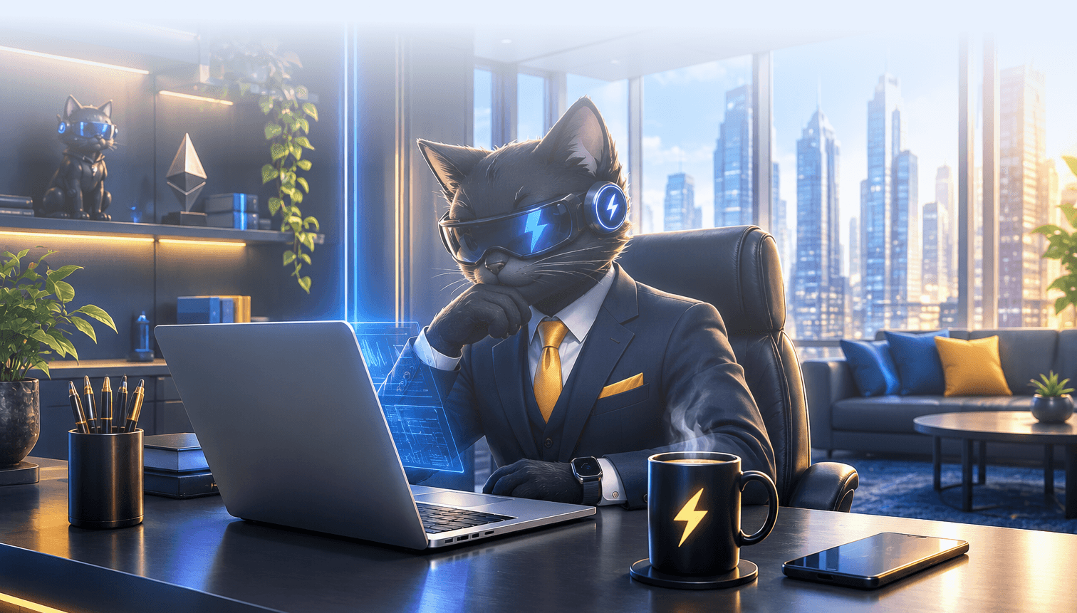 ZIPCAT sitting at a laptop in a bright city office